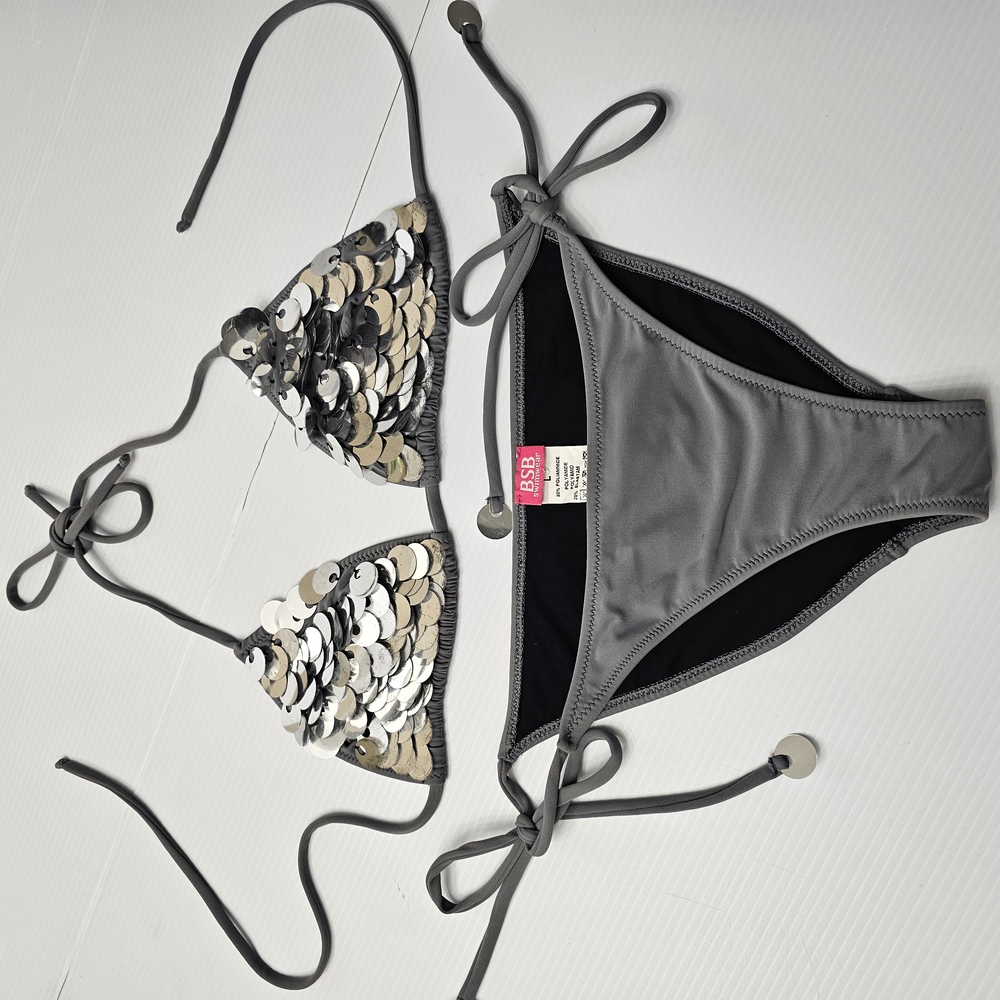 Gray and Silver Triangle Bikini Set with Metallic Accents
